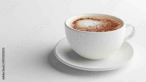 A soft 3D render of a steaming cup of coffee with a frothy top, sitting on a white saucer, on a white background