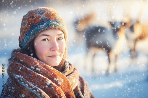 A Sami Reindeer Herder in Traditional Attire Enjoys Winter's Soft Light in a Snowy Landscape photo