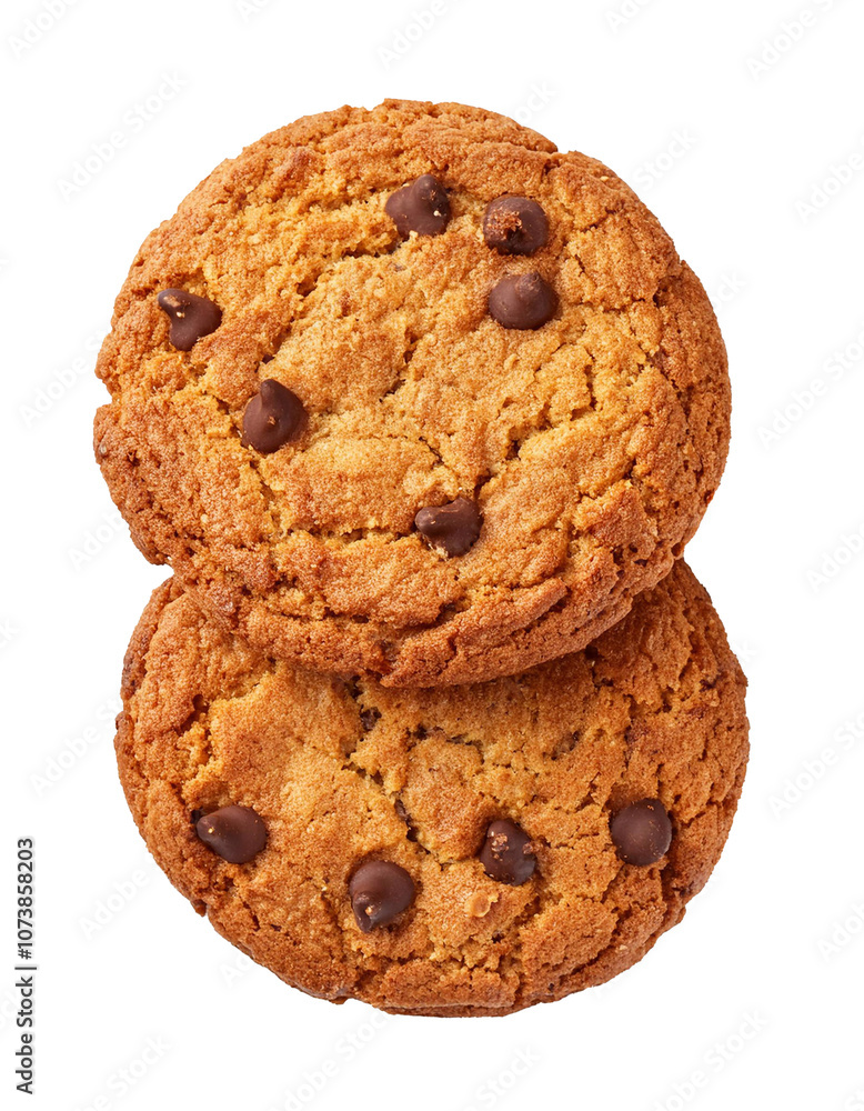 Two delicious chocolate chip cookies stacked on transparent background Two delicious chocolate chip cookies stacked on transparent background