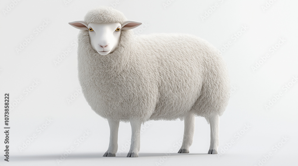 Obraz premium A soft 3D render of a woolly sheep with a thick white coat, standing with a calm demeanor on a white background