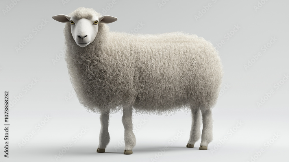 A soft 3D render of a woolly sheep with a thick white coat, standing with a calm demeanor on a white background A soft 3D render of a woolly sheep with a thick white coat, standing with a calm demeanor on a white background