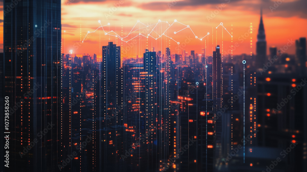 Fototapeta premium Smart digital Innovation city Business skyscrapers in the Financial District with connection network reciprocity over the cityscape. of future smart wireless digital city and social media networking