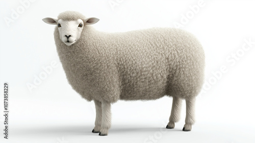 A soft 3D render of a woolly sheep with a thick white coat, standing with a calm demeanor on a white background