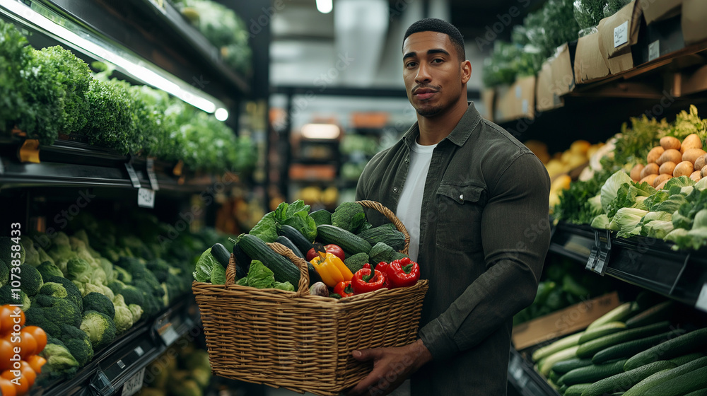 A stylish man with neatly groomed hair and a casual outfit, holding a market basket filled with fresh produce, standing confidently in the produce section of a modern supermarket to buy vegetables A stylish man with neatly groomed hair and a casual outfit, holding a market basket filled with fresh produce, standing confidently in the produce section of a modern supermarket to buy vegetables