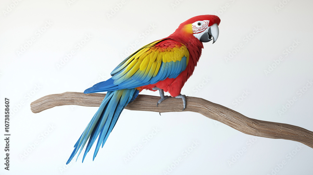 Fototapeta premium A vibrant 3D render of a colorful parrot perched on a branch, wings slightly open, on a white background
