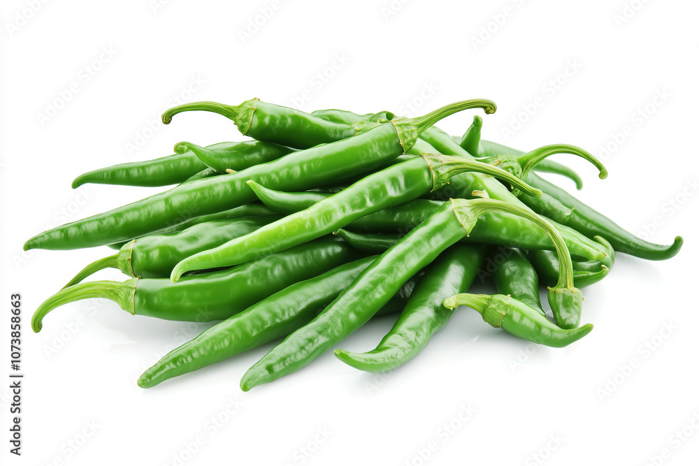 Fresh green chili peppers piled together on a white background, showcasing their vibrant color and crisp appearance. Generative AI Fresh green chili peppers piled together on a white background, showcasing their vibrant color and crisp appearance. Generative AI
