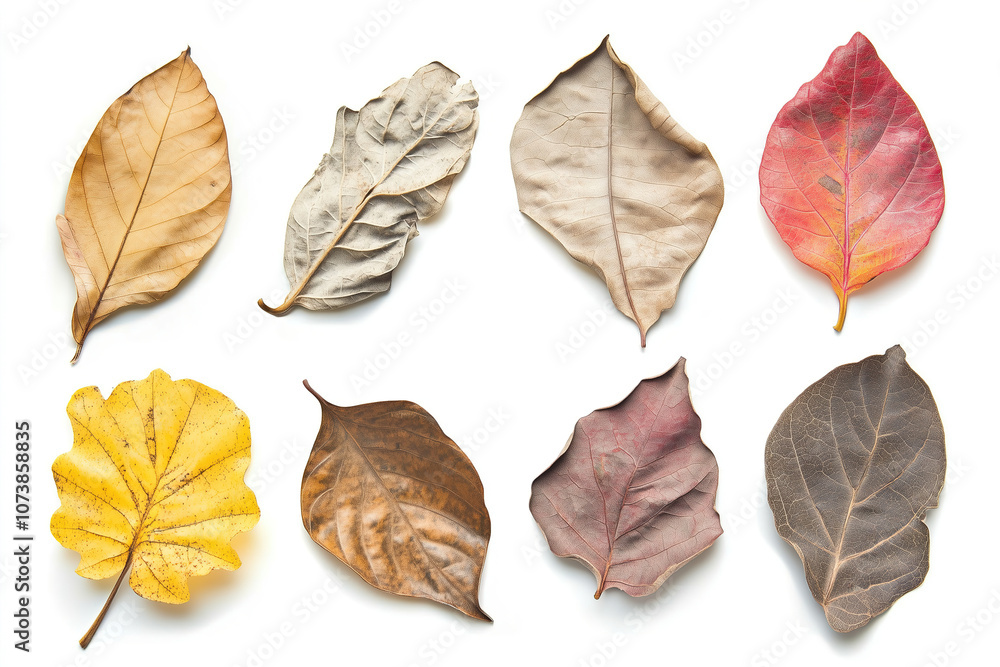 A collection of dried leaves showcasing various colors and textures arranged neatly against a white background. Generative AI A collection of dried leaves showcasing various colors and textures arranged neatly against a white background. Generative AI