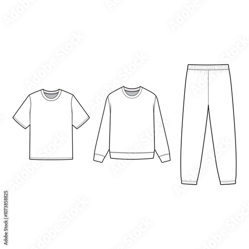 Sweatshirt, T-shirt, and Sweatpants Set Technical Flat Template for Fashion Design

