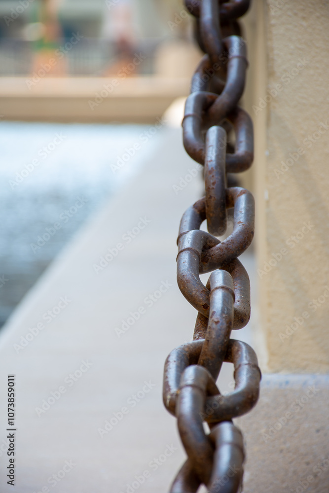 Close-up of metal chain on retaining wall. Close-up of metal chain on retaining wall.