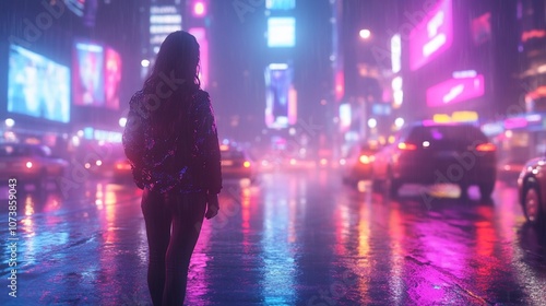 A woman stands alone on a busy city street at night. The street is wet from the rain and the neon lights reflect off the puddles.