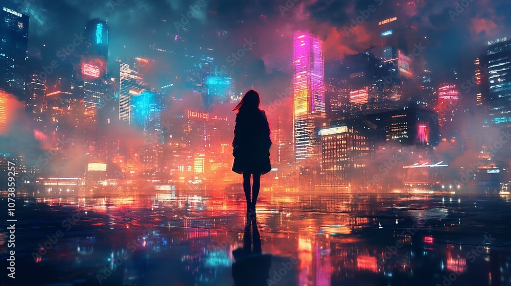 A lone figure stands in the reflection of a futuristic cityscape, illuminated by vibrant neon lights. A lone figure stands in the reflection of a futuristic cityscape, illuminated by vibrant neon lights.
