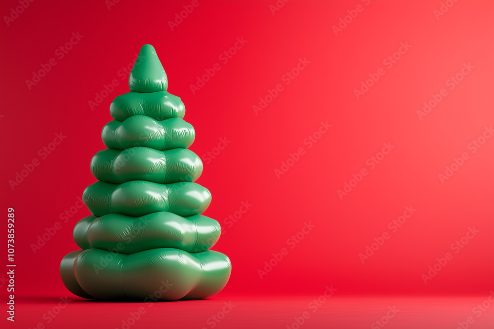 Inflatable green Christmas tree on red background with space for text. Christmas card. Inflatable green Christmas tree on red background with space for text. Christmas card.