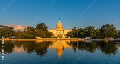 United States Capitol Building reflected on the pool's water photo