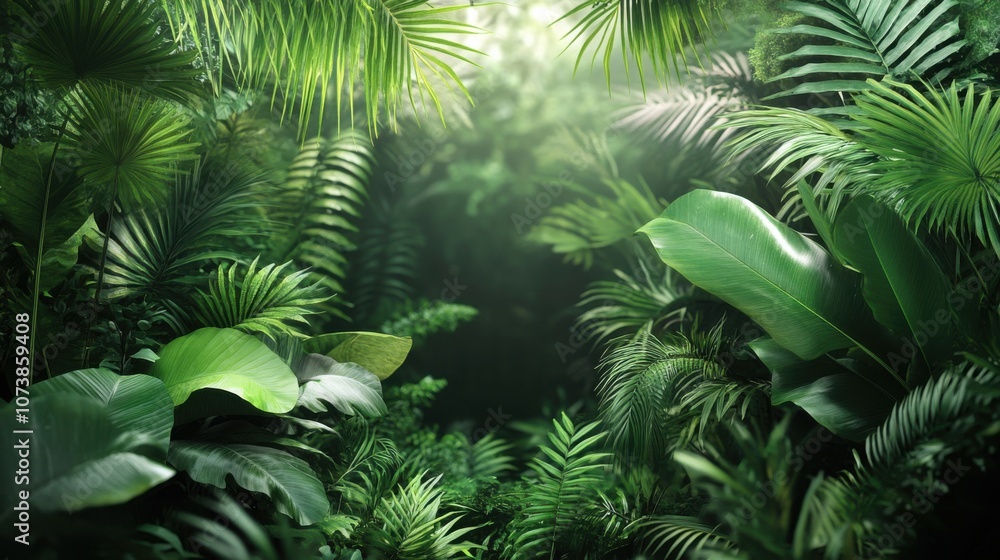 Lush green tropical foliage creating a serene and vibrant atmosphere in a dense jungle setting.