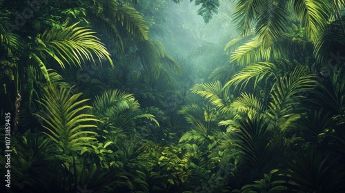 Fototapeta Naklejka Na Ścianę i Meble -  Lush tropical rainforest with vibrant green foliage illuminated by soft, dappled light.