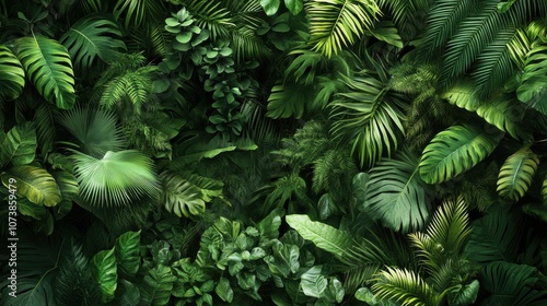 Lush greenery of tropical leaves, showcasing vibrant textures and shades of green, creating a serene and calming environment.