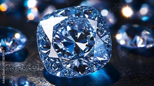 Diamond sparkles. Big Blue Diamond with Glowing Rays and place for Your text.3D Rendered Shiny Diamond in Brilliant Cut. Brilliant diamond, blue tones, depth, extended background