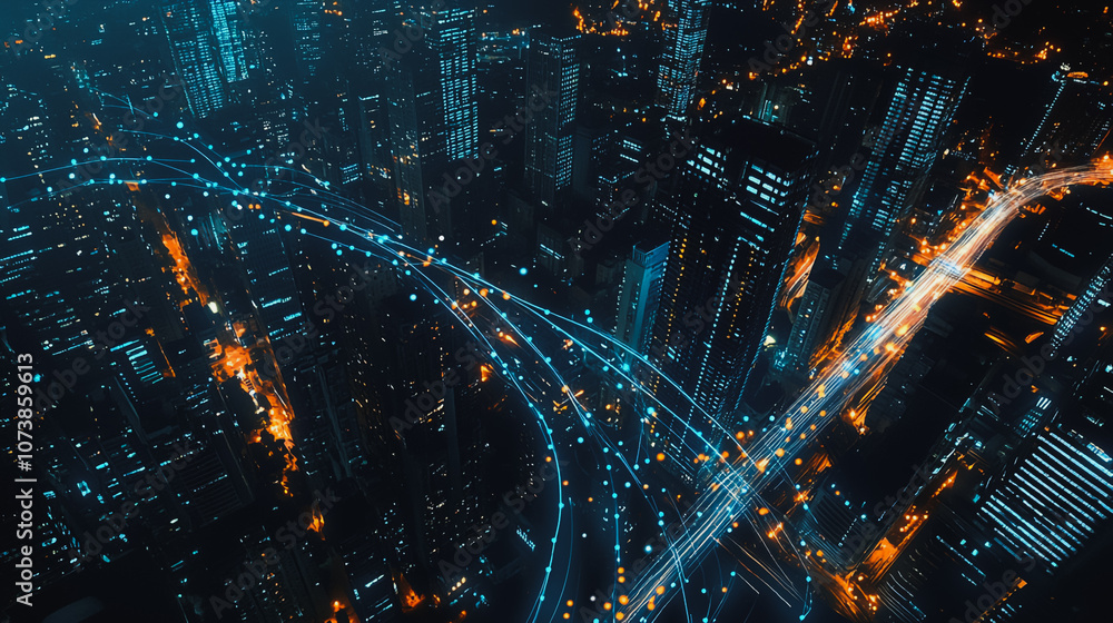 Fototapeta premium Smart digital Innovation city Business skyscrapers in the Financial District with connection network reciprocity over the cityscape at night time of future smart wireless social media networking