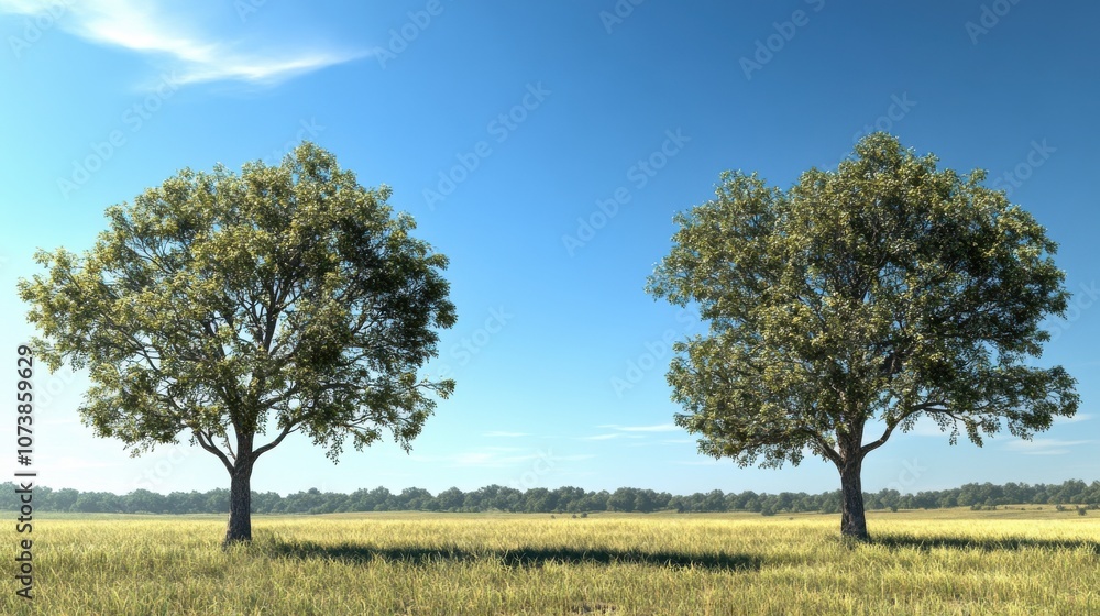 Two lush green trees stand majestically in a sunny field under a clear blue sky. Two lush green trees stand majestically in a sunny field under a clear blue sky.