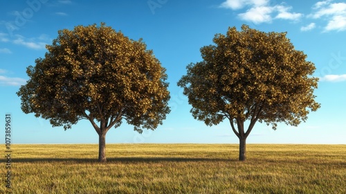 Two lush, golden-leaved trees stand majestically in a sunlit field under a vibrant blue sky.