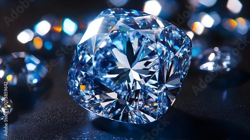 Diamond sparkles. Big Blue Diamond with Glowing Rays and place for Your text.3D Rendered Shiny Diamond in Brilliant Cut. Brilliant diamond, blue tones, depth, extended background