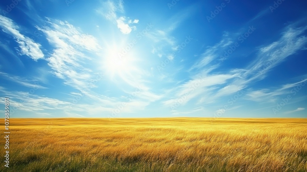 Fototapeta premium Breathtaking golden landscape under a bright blue sky with wispy clouds, radiating a serene and peaceful atmosphere.