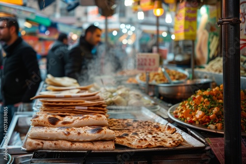 Traditional armenian dish.Lavash.Armenian flat bread.Lavash bread.Street stand with lavash filled with various fillings, set against a bustling market background