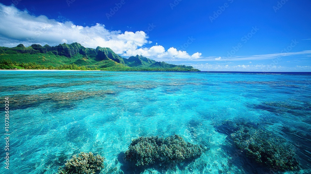 Vibrant turquoise waters and lush green mountains create a serene tropical paradise with bright blue skies. Vibrant turquoise waters and lush green mountains create a serene tropical paradise with bright blue skies.