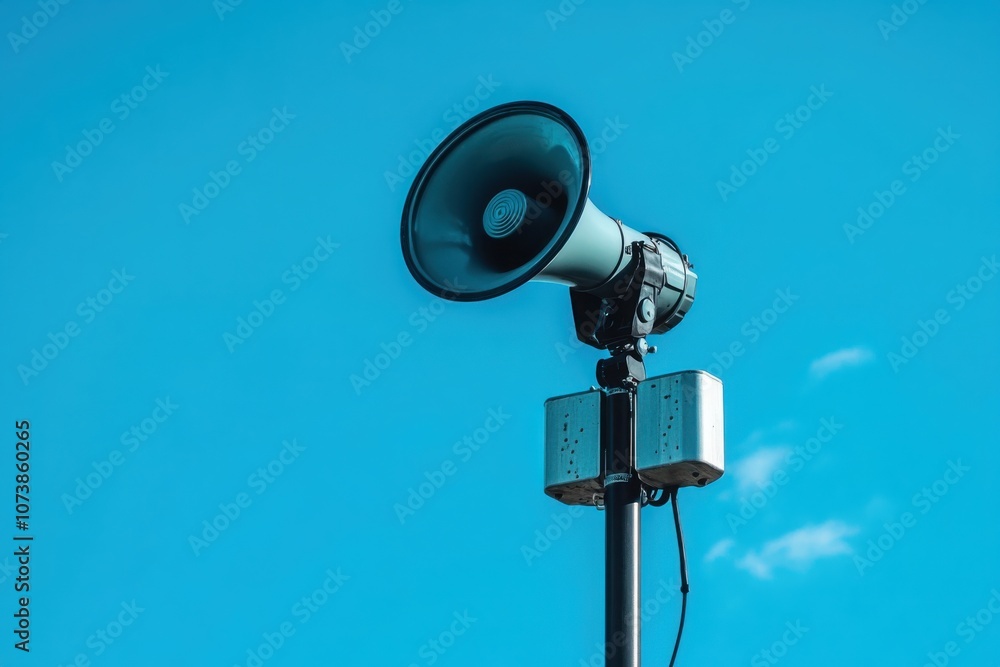 Alarm siren and speakers on pole against blue sky Alarm siren and speakers on pole against blue sky