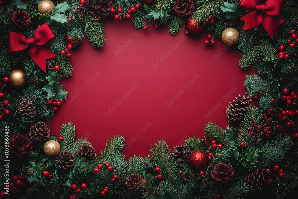 Christmas tree frame border with green fir branches, red bow, berries and gold lights isolated on red background. Pine, xmas evergreen plants frame. garland decoration, holiday card, copy space Christmas tree frame border with green fir branches, red bow, berries and gold lights isolated on red background. Pine, xmas evergreen plants frame. garland decoration, holiday card, copy space