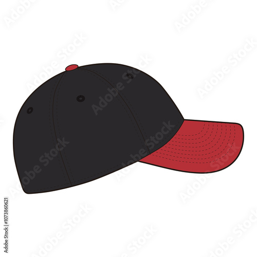 Black Baseball Cap with Red Bill and Adjustable Strap
