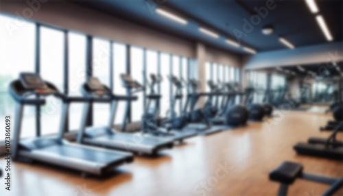 blurred gym background, sports fitness room with treadmills and exercise equipment in defocus, and text copy space