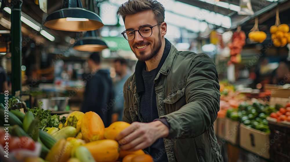 Fototapeta premium A person shopping for fruits and vegetables at a market.
