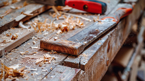 Woodworking in Progress on a Rustic Table With Shavings Scattered Around, Showcasing the Craftsmanship Involved in Shaping Raw Timber in a Workshop Setting