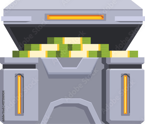 Open metal chest full of money, representing savings, investment, and wealth accumulation