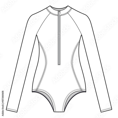 Long Sleeve Swimsuit with Zipper Front View Technical Template for Fashion Design

