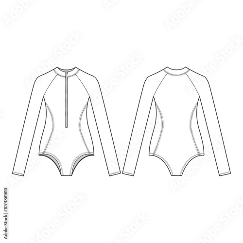 Long Sleeve Swimsuit with Zipper Front and Back View Technical Template for Fashion Design

