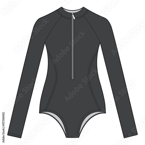Black Long Sleeve Swimsuit with Zipper Technical Flat Template for Fashion Design

