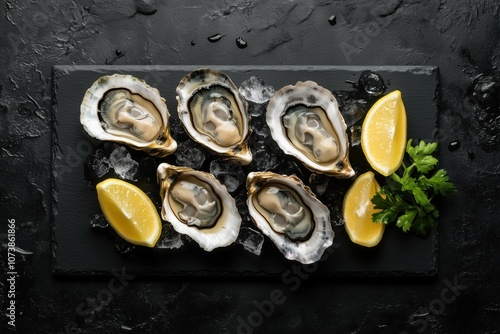 Freshly shucked oysters served on a slate plate with lemon wedges and parsley, on a dark background. photo