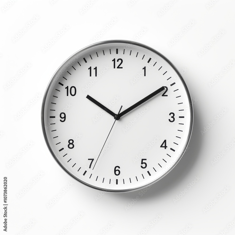Round wall clock with black hands and numbers on a white face is shown. Concept of timekeeping and punctuality. For office decor or time management tools use. Round wall clock with black hands and numbers on a white face is shown. Concept of timekeeping and punctuality. For office decor or time management tools use.