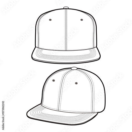 Flat Bill Snapback Cap Front and Side View Technical Sketch
