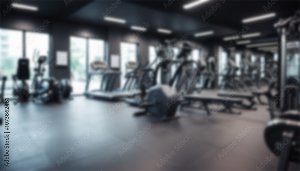 Fototapeta premium blurred gym background, sports fitness room with treadmills and exercise equipment in defocus, and text copy space