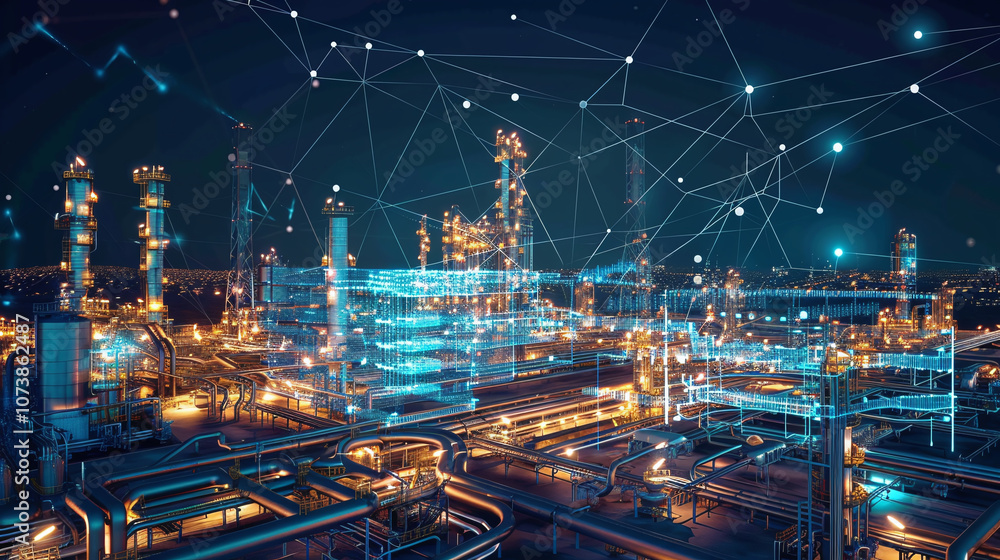 A High-Tech View of an Industrial Complex Illuminated at Night With Digital Overlays Showcasing Interconnected Systems and Data Flow in an Advanced Manufacturing Environment
