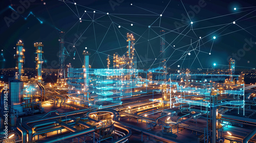 Obraz na płótnie A High-Tech View of an Industrial Complex Illuminated at Night With Digital Overlays Showcasing Interconnected Systems and Data Flow in an Advanced Manufacturing Environment w salonie