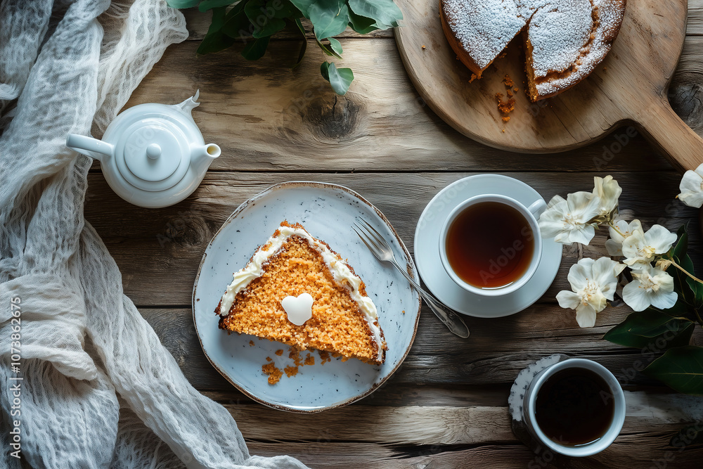 Fototapeta premium Enjoying a cozy afternoon tea with cake and tea on a rustic wooden table surrounded by delicate flowers and greenery. Generative AI