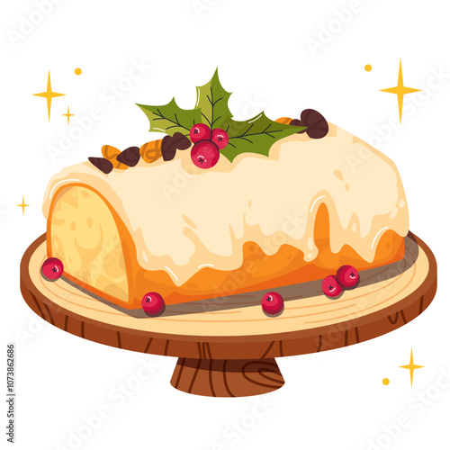 Stollen. Sweet bread with raisins in winter time. Traditional german pastry for christmas,advent time. Austrian Stollen cake. Sweet national pastries in white glaze for the holiday Christmas