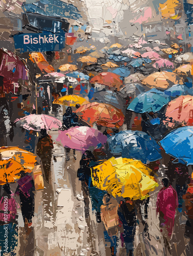 Painting of a busy street with many people and umbrellas. The street is named Bishkek. Bishkek