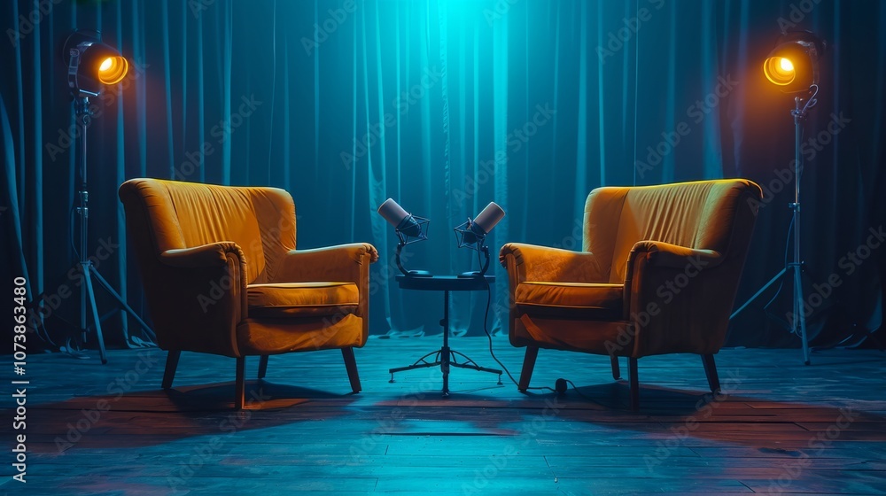 Two armchairs facing each other with microphones in a dimly lit room. Concept is a podcast or interview setup. For media or communication themes.
