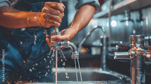 A Person Repairs a Leaky Sink in a Residential Kitchen, Demonstrating Plumbing Skills With Tools and Active Water Flow in the Afternoon Light