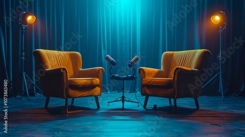 Obraz na płótnie Two armchairs facing each other with microphones in a dimly lit room. Concept is a podcast or interview setup. For media or communication themes. w salonie